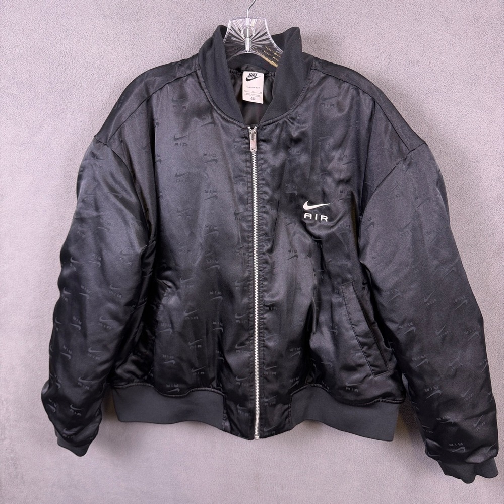 Nike Air Womens Bomber Jacket XL Allover Swoosh Logo Satin Coat Excellent